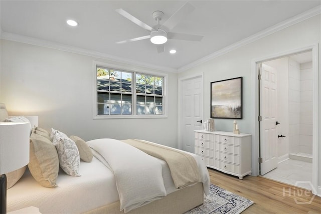 4630 Herty Dr, Savannah, GA 31405 - bedroom featuring light wood finished floors, recessed lighting, crown molding, connected bathroom, and a ceiling fan