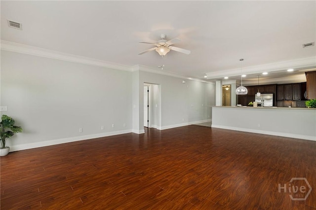 2805 River Oaks Dr Unit 2805, Richmond Hill, GA 31324 - unfurnished living room featuring crown molding, a ceiling fan, recessed lighting, and dark wood-style flooring