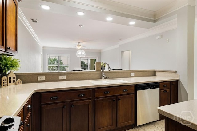 2805 River Oaks Dr Unit 2805, Richmond Hill, GA 31324 - kitchen with dishwasher, a peninsula, ornamental molding, dark brown cabinetry, and ceiling fan