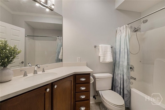 2805 River Oaks Dr Unit 2805, Richmond Hill, GA 31324 - bathroom featuring ornamental molding, vanity, and shower / bath combination with curtain