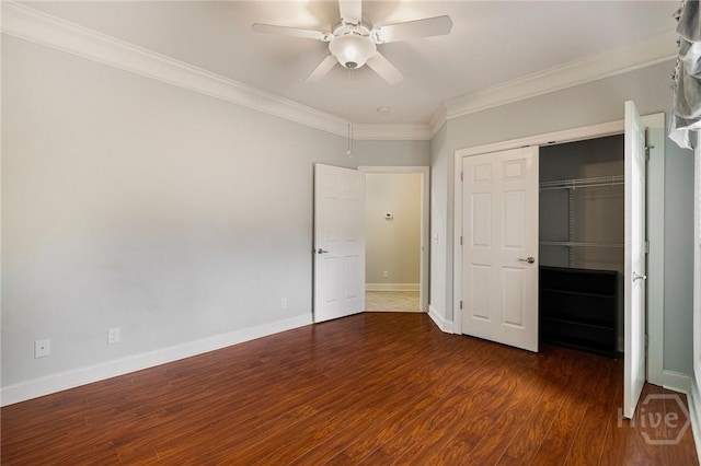 2805 River Oaks Dr Unit 2805, Richmond Hill, GA 31324 - unfurnished bedroom featuring wood finished floors, crown molding, a closet, and a ceiling fan