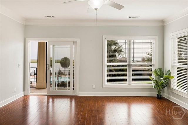 2805 River Oaks Dr Unit 2805, Richmond Hill, GA 31324 - empty room featuring a ceiling fan, ornamental molding, and hardwood / wood-style flooring