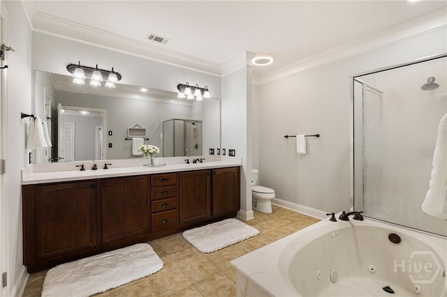 2805 River Oaks Dr Unit 2805, Richmond Hill, GA 31324 - full bath with a stall shower, ornamental molding, a whirlpool tub, double vanity, and tile patterned flooring