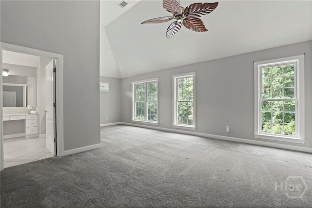 706 Southbridge Blvd, Savannah, GA 31405 - unfurnished bedroom with carpet floors, ensuite bath, high vaulted ceiling, and ceiling fan