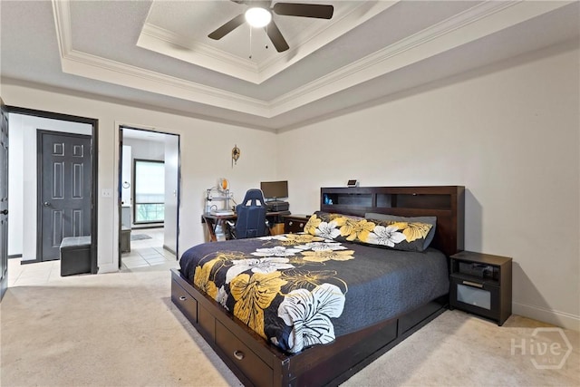 31 Pembroke Pl, Pembroke, GA 31321 - bedroom featuring light carpet, a tray ceiling, crown molding, ceiling fan, and connected bathroom
