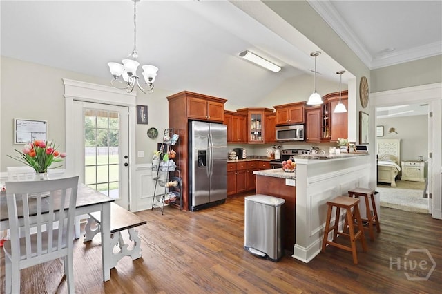 308 NE Mancey Garrason Loop, Ludowici, GA 31316 - kitchen with stainless steel appliances, glass insert cabinets, a peninsula, a chandelier, and brown cabinetry