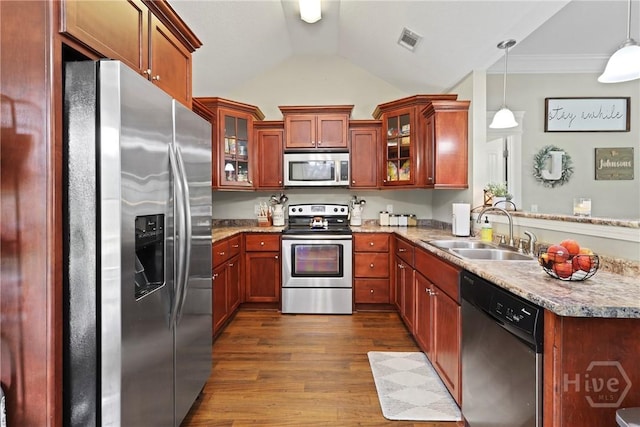 308 NE Mancey Garrason Loop, Ludowici, GA 31316 - kitchen featuring appliances with stainless steel finishes, dark wood-style floors, lofted ceiling, decorative light fixtures, and glass insert cabinets