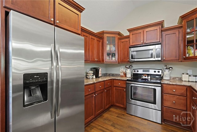 308 NE Mancey Garrason Loop, Ludowici, GA 31316 - kitchen with appliances with stainless steel finishes, vaulted ceiling, dark wood finished floors, glass insert cabinets, and light stone countertops