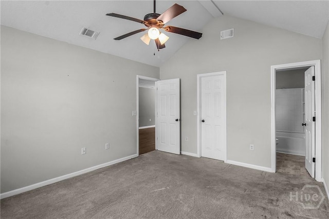 116 Gloucester Dr, Midway, GA 31320 - unfurnished bedroom featuring high vaulted ceiling, carpet floors, connected bathroom, beam ceiling, and a ceiling fan