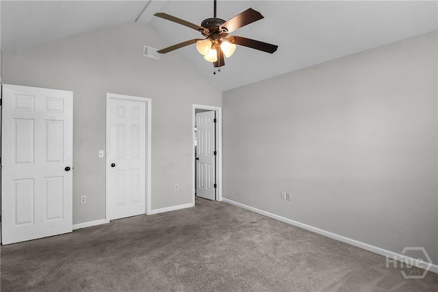 116 Gloucester Dr, Midway, GA 31320 - unfurnished bedroom featuring carpet, high vaulted ceiling, beam ceiling, and ceiling fan
