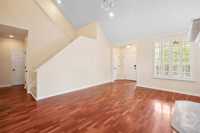 301 Marshview Dr, Richmond Hill, GA 31324 - unfurnished living room featuring stairway, high vaulted ceiling, wood finished floors, a ceiling fan, and recessed lighting