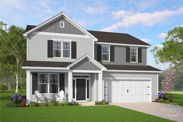 101 Kenwood Cir, Savannah, GA 31302 - view of front of house with board and batten siding, a front yard, an attached garage, and a shingled roof