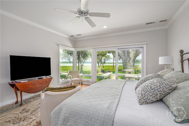 3 She Crab Cir, Savannah, GA 31411 - bedroom with access to outside, crown molding, ceiling fan, and wood finished floors
