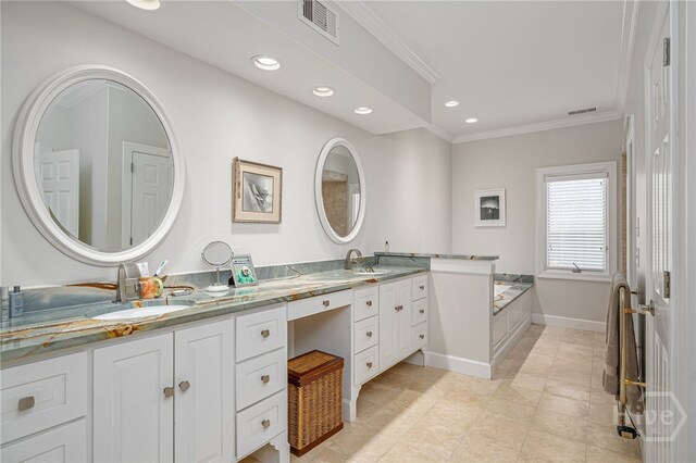 3 She Crab Cir, Savannah, GA 31411 - full bathroom featuring double vanity, crown molding, a garden tub, recessed lighting, and tile patterned floors