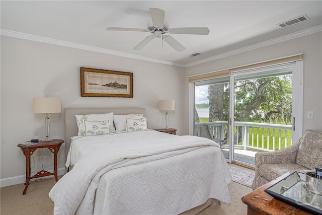 3 She Crab Cir, Savannah, GA 31411 - bedroom featuring access to exterior, ornamental molding, carpet floors, and a ceiling fan