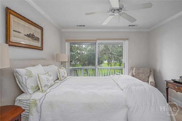 3 She Crab Cir, Savannah, GA 31411 - bedroom with crown molding, access to outside, and ceiling fan