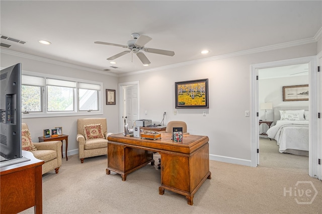 3 She Crab Cir, Savannah, GA 31411 - office featuring light colored carpet, ornamental molding, ceiling fan, and recessed lighting