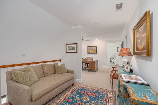 3 She Crab Cir, Savannah, GA 31411 - living area featuring light carpet, ceiling fan, recessed lighting, and ornamental molding