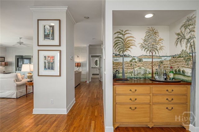 3 She Crab Cir, Savannah, GA 31411 - hallway featuring wood finished floors, crown molding, and recessed lighting