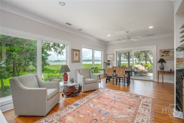 3 She Crab Cir, Savannah, GA 31411 - living area with ornamental molding, ceiling fan, recessed lighting, and wood finished floors