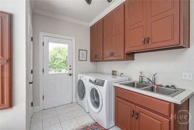 3 She Crab Cir, Savannah, GA 31411 - washroom featuring washer and clothes dryer, cabinet space, crown molding, and light tile patterned flooring