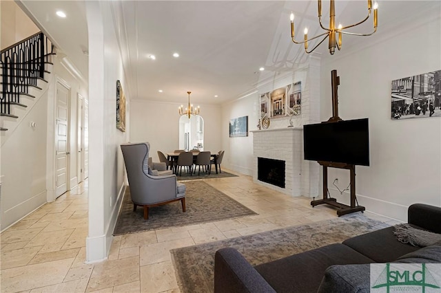 52-56 E Broad St, Savannah, GA 31401 - living room featuring a chandelier, stairway, ornamental molding, recessed lighting, and stone tile floors