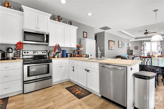 1416 Hillridge Dr, Darien, GA 31305 - kitchen with stainless steel appliances, a peninsula, ceiling fan, open floor plan, and light countertops