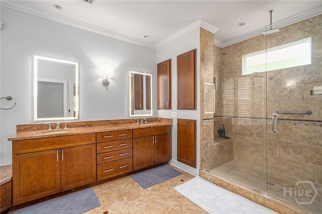 1 Broomsedge Ln, Savannah, GA 31411 - bathroom with a shower stall, double vanity, crown molding, and tile patterned floors