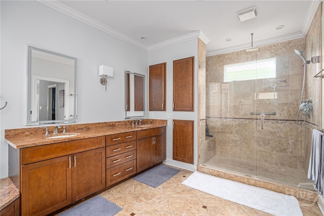 1 Broomsedge Ln, Savannah, GA 31411 - bathroom with a shower stall, double vanity, ornamental molding, and tile patterned flooring