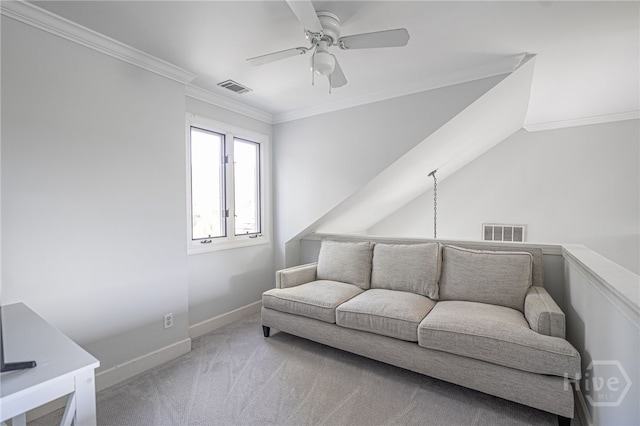 1 Broomsedge Ln, Savannah, GA 31411 - living area featuring a ceiling fan, carpet flooring, and ornamental molding