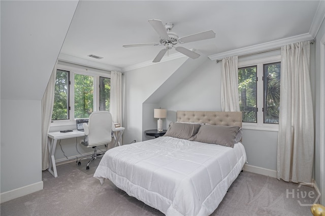 1 Broomsedge Ln, Savannah, GA 31411 - carpeted bedroom with multiple windows, lofted ceiling, ceiling fan, and crown molding