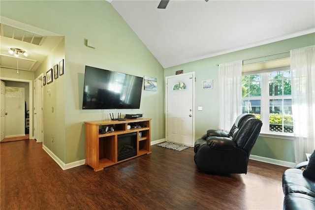 217 Bailee Ave, Rincon, GA 31326 - living area with attic access, wood finished floors, vaulted ceiling, and a ceiling fan