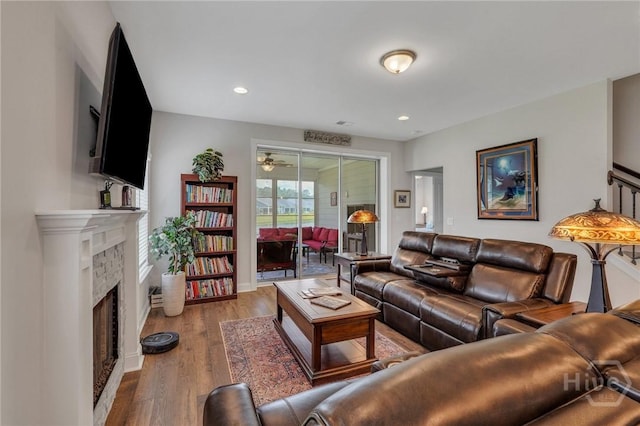 115 Merribee Ln, Pooler, GA 31322 - living room with a fireplace, wood finished floors, recessed lighting, and a ceiling fan