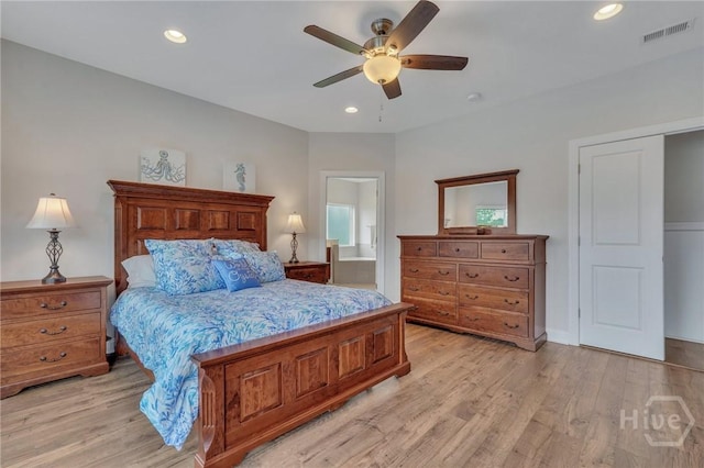 115 Merribee Ln, Pooler, GA 31322 - bedroom with light wood finished floors, recessed lighting, ceiling fan, and connected bathroom