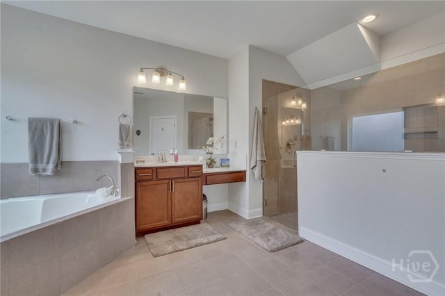 115 Merribee Ln, Pooler, GA 31322 - bathroom featuring a shower stall, vanity, a bath, tile patterned flooring, and vaulted ceiling