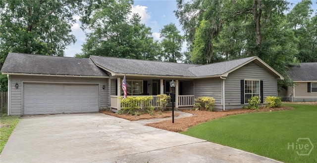 3 Watford Rd, Savannah, GA 31419 - ranch-style home with covered porch, concrete driveway, an attached garage, a front lawn, and roof with shingles