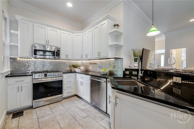 103 Daisy Ct, Savannah, GA 31404 - kitchen featuring appliances with stainless steel finishes, open shelves, white cabinets, ornamental molding, and recessed lighting