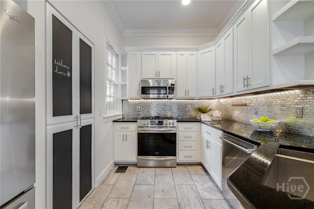 103 Daisy Ct, Savannah, GA 31404 - kitchen with stainless steel appliances, open shelves, backsplash, crown molding, and white cabinetry