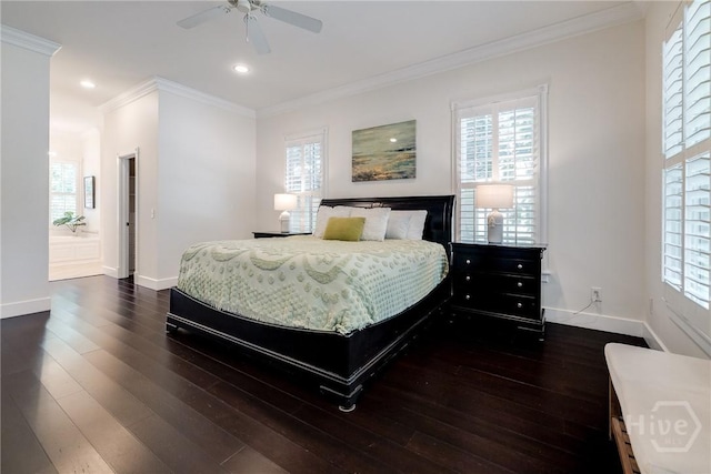 103 Daisy Ct, Savannah, GA 31404 - bedroom with dark wood-style floors, multiple windows, crown molding, recessed lighting, and ceiling fan