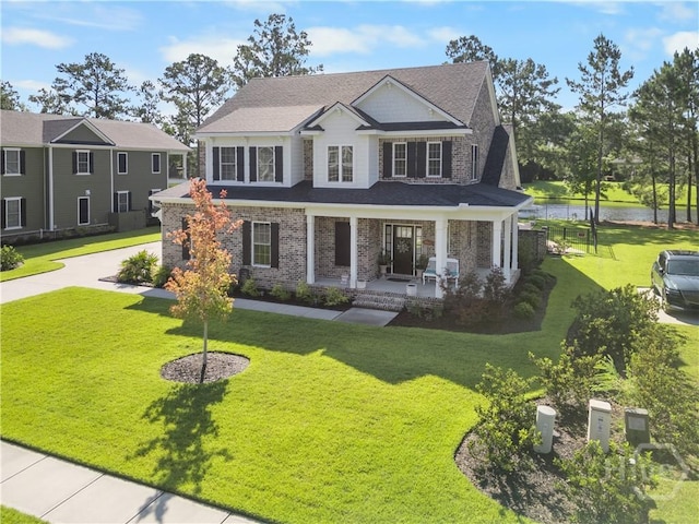 176 Trail Creek Ln, Savannah, GA 31405 - craftsman inspired home featuring covered porch, a water view, a front lawn, brick siding, and concrete driveway