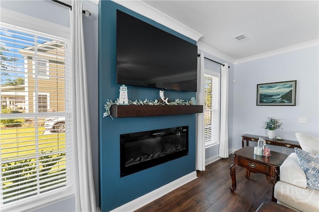 176 Trail Creek Ln, Savannah, GA 31405 - living area with dark wood-type flooring, a glass covered fireplace, and crown molding