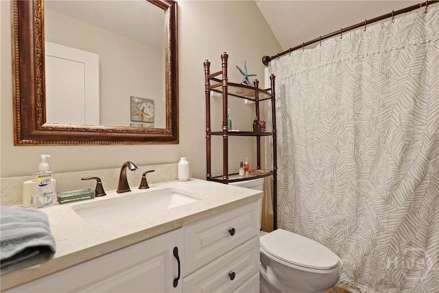 189 E 1st St, Midway, GA 31320 - bathroom featuring vanity, curtained shower, and vaulted ceiling