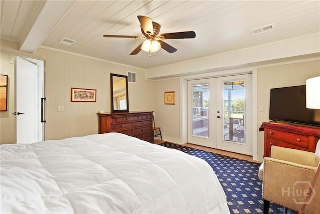 189 E 1st St, Midway, GA 31320 - bedroom featuring french doors, access to outside, crown molding, carpet flooring, and a ceiling fan