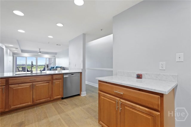 3113 River Dr Unit 10, Savannah, GA 31404 - kitchen featuring dishwasher, light wood-style flooring, brown cabinetry, open floor plan, and recessed lighting