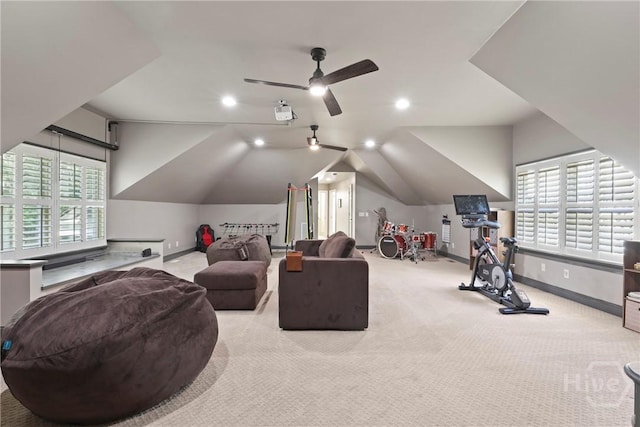26 Little Comfort Rd, Savannah, GA 31411 - interior space featuring a ceiling fan, carpet floors, lofted ceiling, and recessed lighting