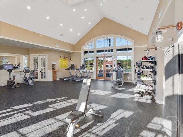 224 Lakeside Dr, Port Wentworth, GA 31407 - gym featuring french doors, recessed lighting, and high vaulted ceiling