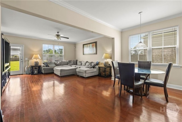 10 Broken Bit Rd, Ellabell, GA 31308 - living room with dark wood finished floors, ornamental molding, and ceiling fan