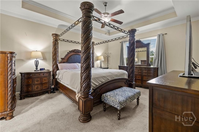 10 Broken Bit Rd, Ellabell, GA 31308 - bedroom featuring a tray ceiling, crown molding, light carpet, and ceiling fan