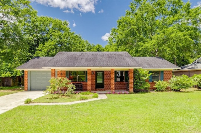 208 Lord Effingham Dr, Rincon, GA 31326 - ranch-style home with concrete driveway, a porch, an attached garage, and brick siding