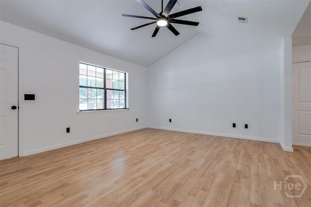 208 Lord Effingham Dr, Rincon, GA 31326 - empty room with ceiling fan, light wood finished floors, and high vaulted ceiling